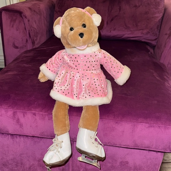 Other - Kids Brown Teddy Bear Pink Dress Silver Polka Dots White Fur Trim in Ice Skates